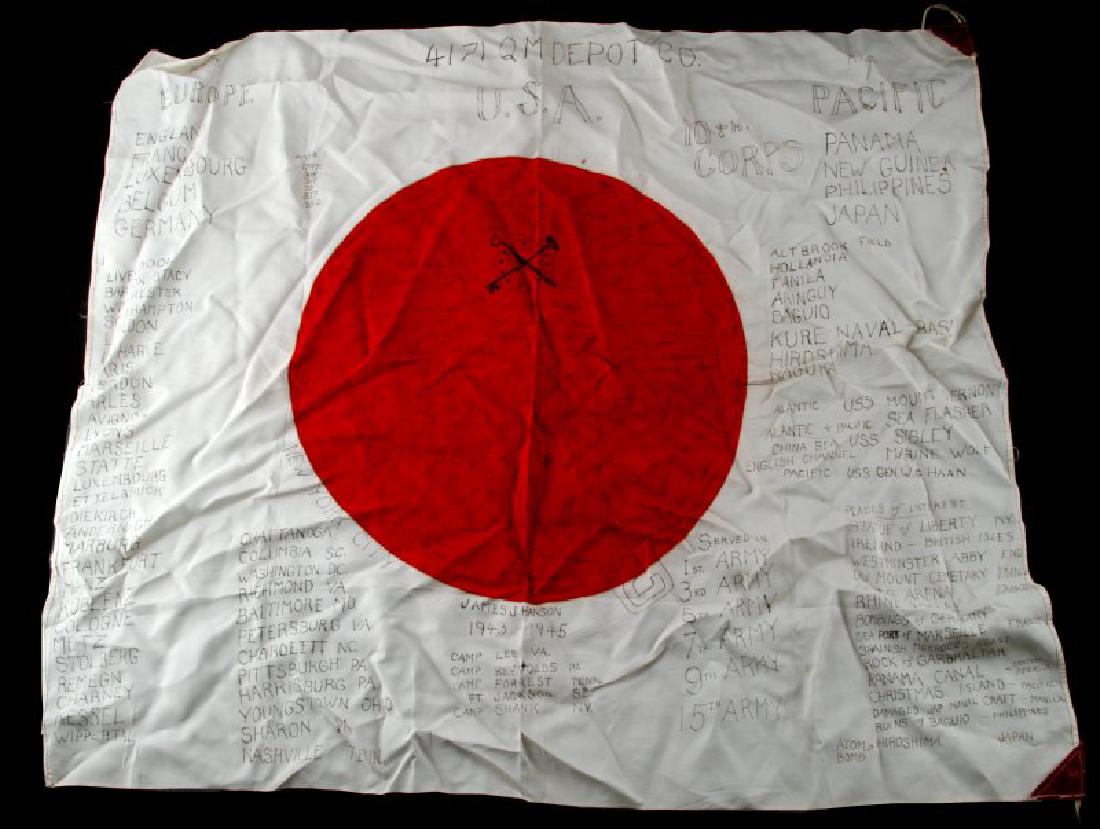 WWII JAPANESE MEATBALL FLAG SIGNED 4171 Q.M. DEPOT: Fantastic flag, Dated November 1945 and belonging to James Hanson and signed by the Quartermaster Corp members and list every place they went and it was everywhere, very good original condition and me