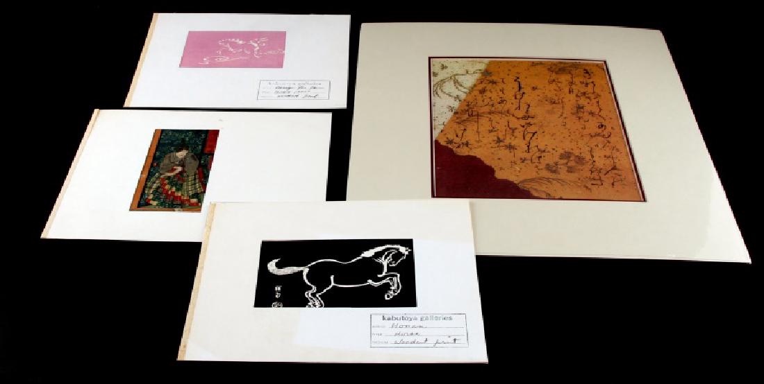 LOT OF 3 JAPANESE WOODBLOCK PRINTS KONOBU: Lot of three woodblock prints. Two of horses, one unnamed and one by "Honan". The third is by Hasegawa Konobu. It measures approximately 2 1/2" by 5". In good condition with some wear to face and arms