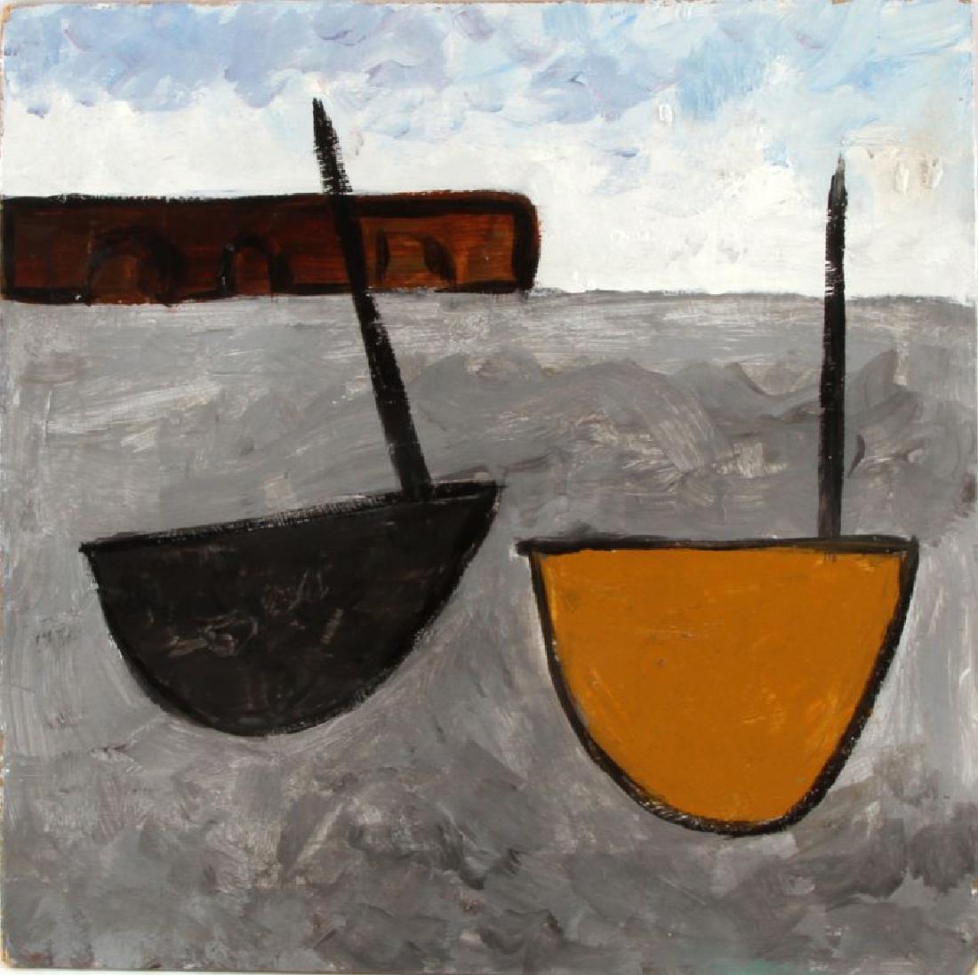 1934 WILLIAM SCOTT TITLED TWO BOATS OIL ON BOARD: William Scott CBE RA was a British artist, known for still-life and abstract painting. He is the most internationally celebrated of 20th-century Ulster painters. This oil on board (12.5x12.5in.) paint