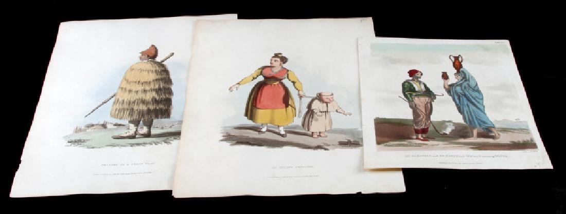 LOT OF 3 ANTIQUE COLORED ENGRAVINGS JOHN WALSH: Lot of three, one from the Journal of the Late Campaign in Egypt. Measures approximately 7 3/4" by 10". The other two measure approximately 9 1/4" by 13 1/2". In good condition.