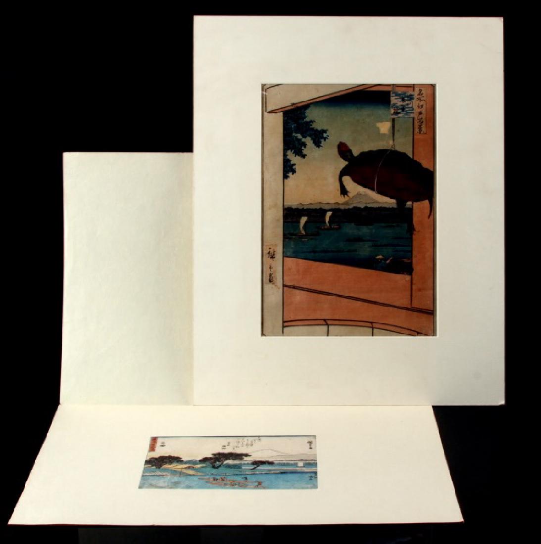 LOT OF 2 HIROSHIGE WOODBLOCK ART PRINTS: One measures approximately 9" by 13", matted to16" by 20". In good condition with some crease wear, and pencil marked "100 Famous Views of Edo 1857". The second measures 8" by 6" matted to 19" by 13".