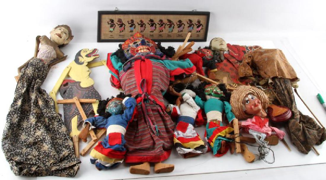 LOT OF INDONESIAN WAYANG SHADOW PUPPETS & MORE: Assorted pieces and damaged puppets and marionettes. Wayang puppets and more. Range in conditions, from broken, to fair, to good. Please acquire third party shipping estimate prior to bidding.