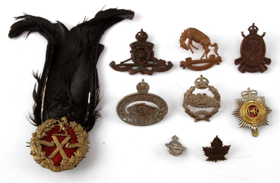 9 WWII & POST WAR CANADIAN CAP BADGE LOT: Lot of nine (9) vintage or older cap badges, pins, etc. includes: one (1) Montreal Highland Cadet Feather Bonnet badge, one (1) Royal Artillery clip badge, one (1) WWII Essex Regiment Tank of Canada c