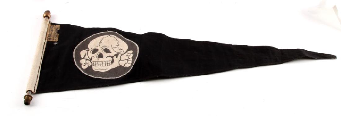 WWII GERMAN THIRD REICH SS TOTENKOPF PENNANT: Measures approximately 21 1/2" long. In very good to excellent condition. With a flag hanger, with damage at the top.