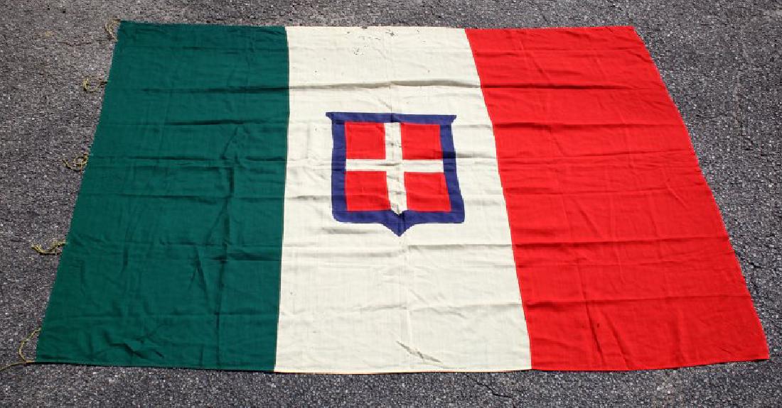 KINGDOM OF SAVOY SARDINIA ANTIQUE FLAG 1848-1946: Sardinian flag made of linen type material. Some mothing holes and wear. Measures 93.5 by 68.5 inches. Good condition.