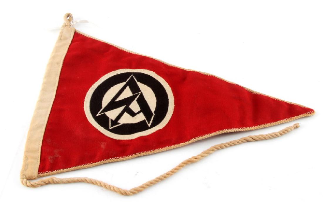 WWII GERMAN 3RD REICH SA DOUBLE SIDED PENNANT: Measures 13" by 9". Large embroidered SA insignia on both sides. Has some discoloration and staining. This lot has a reserve.