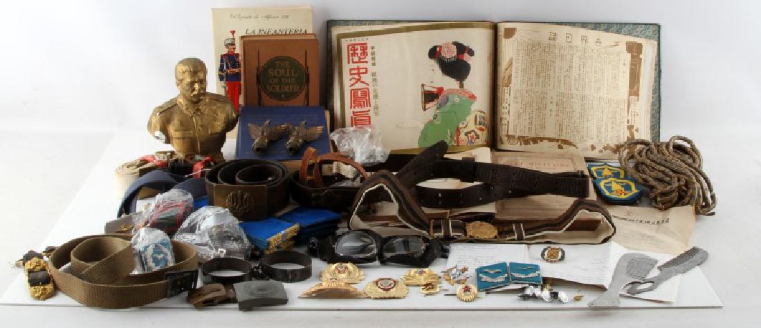 MIXED FOREIGN MILITARY LOT BELTS BOOKS INSIGNIA: Some of the books include: English-Italian dictionary, The Soul of the Soldier by Thomas Tiplady, La Infanteria De Linea by Jose M. Bueno, L'Art Militaire Et La Science by Le L-Colonel Hennebert, Brit