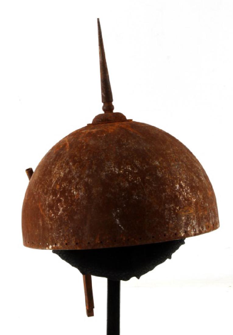 INDO PERSIAN KULAH KHUD CEREMONIAL HELMET: Dome-shaped steel Indo-Persian Kulah Khud style helmet with sliding nasal guard, decorative top spike, and pivoting plume mounts. Item has holes around the base for mounting mail face and neck-guard. 