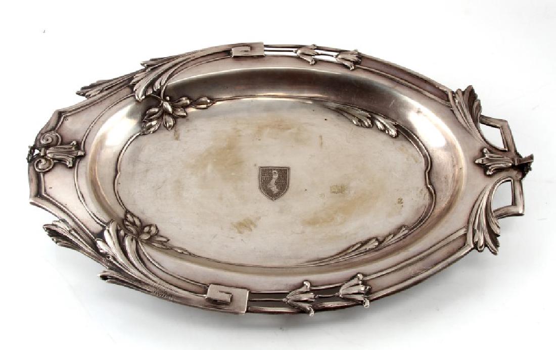 HERMANN GORING GOERING HALLMARK SILVER TRAY: Hallmark dates this pre 1872 as .800 silver with a very detailed Goring livery mark, single handled tray but opposite the handle there is damage and also a split in bowl. Measures 15 inches. Unauthent