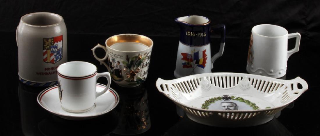 LOT OF IMPERIAL GERMAN PORCELAIN CHINA LOT: Includes a Hindenburg commemorative platter, and an iron cross tea cup with a "PK SILESIA" hallmark, with a crown in a tent. All pieces in good to very good condition, with wear throughout, but no chi