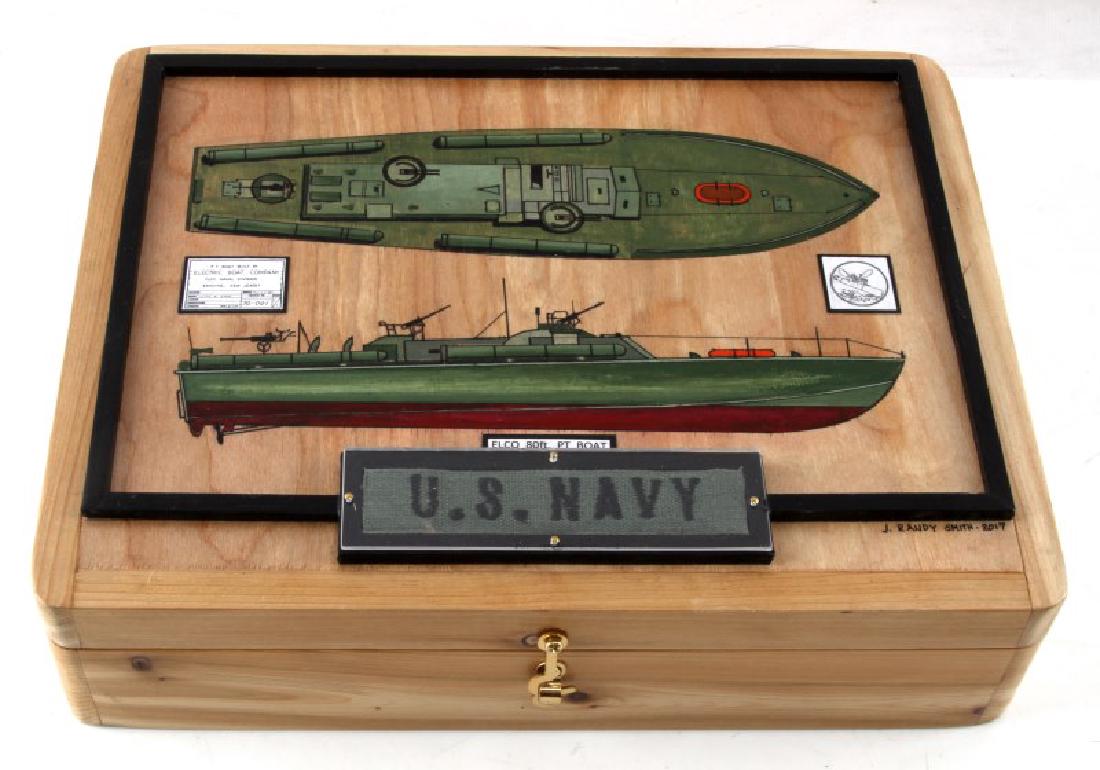 HAND PAINTED US NAVY PT BOAT BIRCH & CEDAR BOX: Hand Painted boat birch & cedar with a vibrantly hand painted U.S Navy ELCO 80ft PT Boat. The box is lined in the interior with lack carpet felt and is sectioned into 3 partitions and bears a vintage