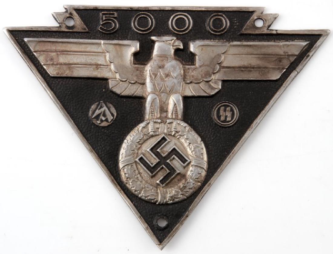 WWII GERMAN 3RD REICH SS SA MILITARY BIKE PLAQUE: Given for running a military bike 5,000 kilometers without repairs. No marking on the back. Unauthenticated sold as is. This lot has a reserve.