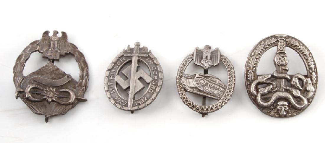 4 GERMAN WWII MILITARY BADGES PANZER HONOR COBURG: 4 German WWII military badges. Includes Mountian Troops, Anti-Partisan Warfare, Panzer Honor Badge, and Coburg badge. All have minor tarnishing but are in very good conditon. Unauthenticated, sold as 
