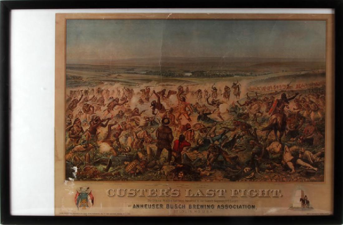 VINTAGE ANHEUSER BUSCH CUSTERS LAST FIGHT POSTER: Framed vintage Anheuser Busch Brewing Association's poster of "Custer's Last Fight". Age wear present. Some creasing, scuffs, scratches, and foxing. Measures 35 1/2" x 24" (framed), 28 3/4" x 21 1/4" 