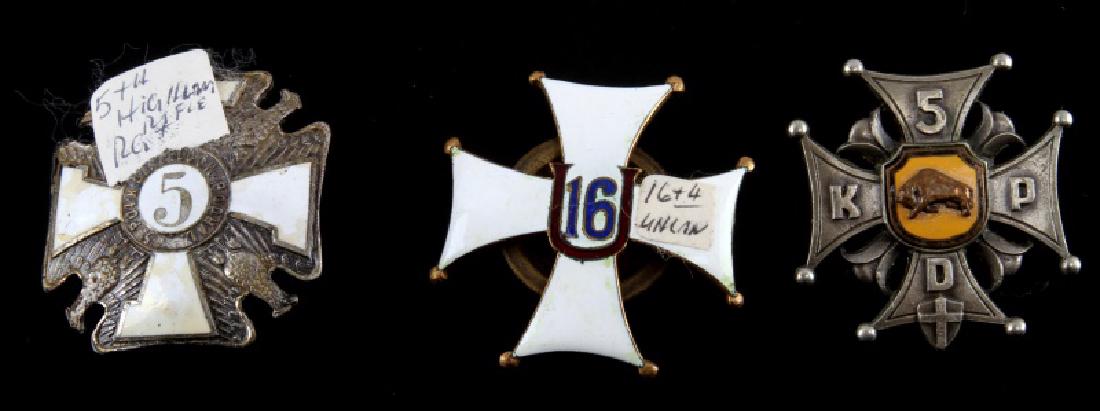 LOT OF 3 IMPERIAL ERA HERALDIC REGIMENTAL BADGES: Lot of 3 WWI & WWII era Imperial National Coat of Arms, Heraldic Regimental badges from various national militaries regiments and regimes spanning both world wars mostly from Europe, this lot of three