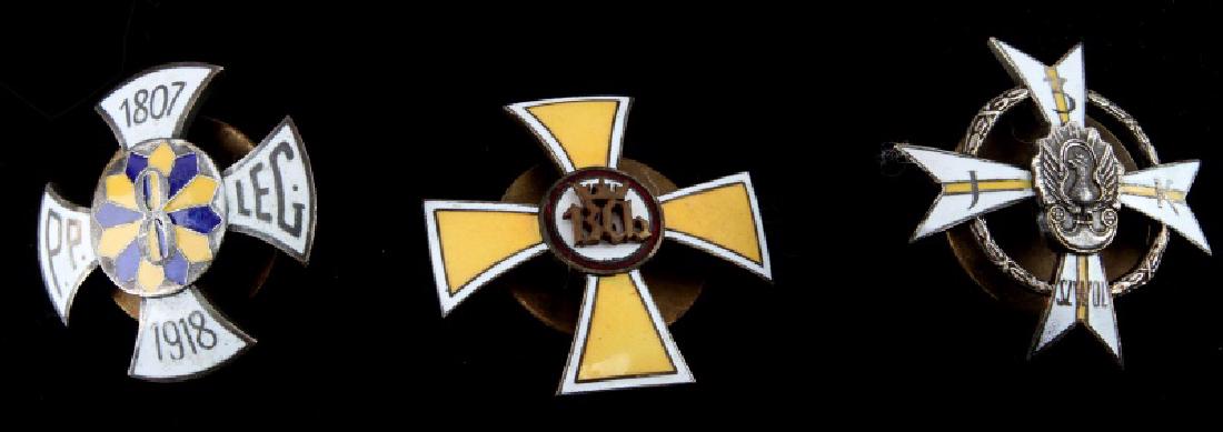 LOT OF 3 WWI ERA REGIMENTAL HERALDIC MALTA CROSSES: Lot of 3 WWI & WWII era Coat of Arms Heraldic Regimental All in the shape of the Malta badges from various national militaries regiments and regimes spanning both world wars, this lot of three screw b