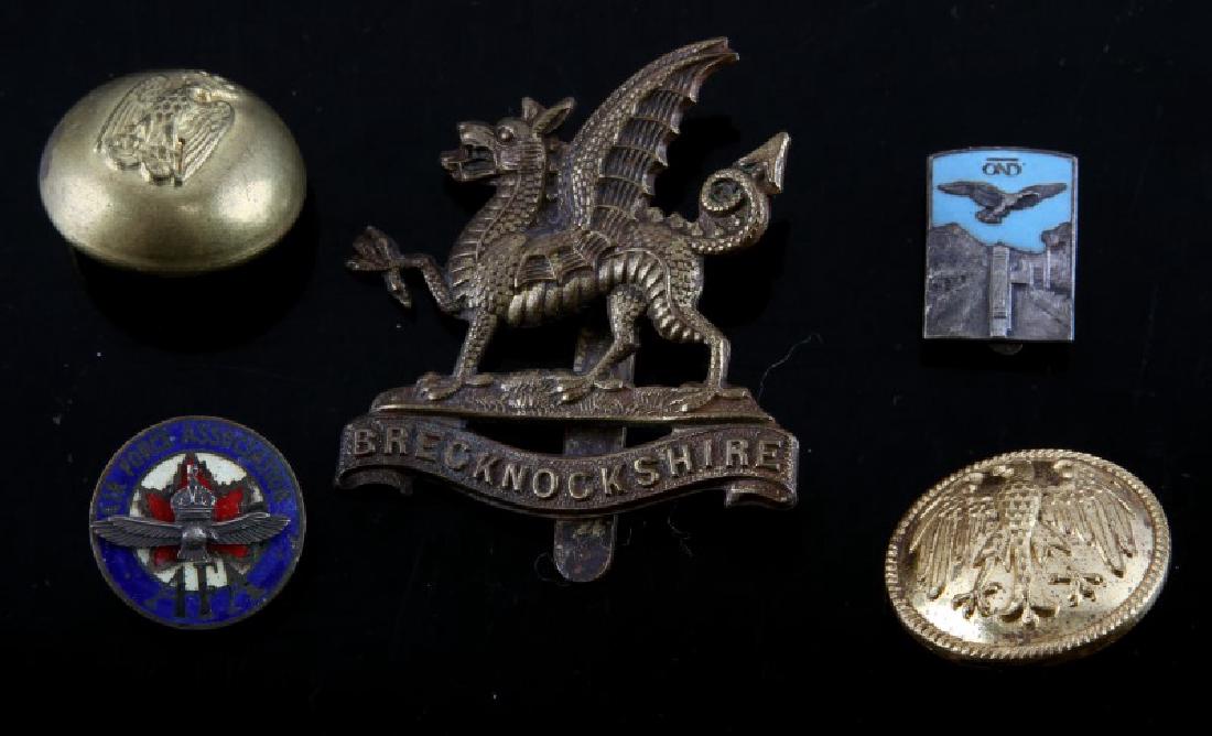 LOT OF 5 WWII & POST WAR ERA BRITISH ISLE REGALIA: Lot of 3 WWI & WWII era Coat of Arms Heraldic Regimental badges from various national militaries regiments and regimes spanning both world wars, this lot of pins and screw backs including Brecknockshi