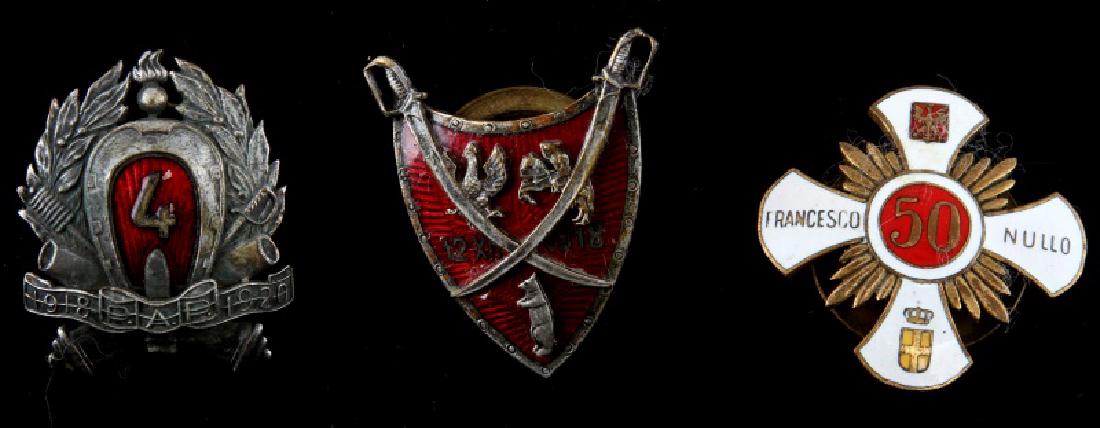 LOT OF 3 WWI & WWII ERA REGIMENTAL HERALDIC: Lot of 3 WWII & WWI era Imperial Regimental Heraldic Infantry & Regimental enameled pins from various national militaries regiments and regimes spanning both world wars, this lot of three screw backs 