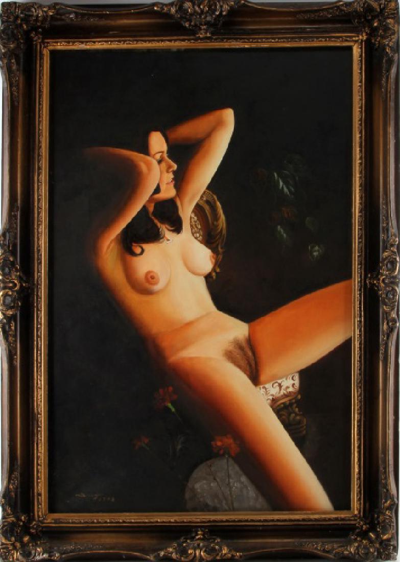 1970'S WANG NUDE FEMALE OIL ON CANVAS: Oil on canvas painting 24 x 36in (31 x 43in framed). Brunette female nude. Very good condition, with small depression on subject's leg near lower right. Signed lower left Wang 1973.