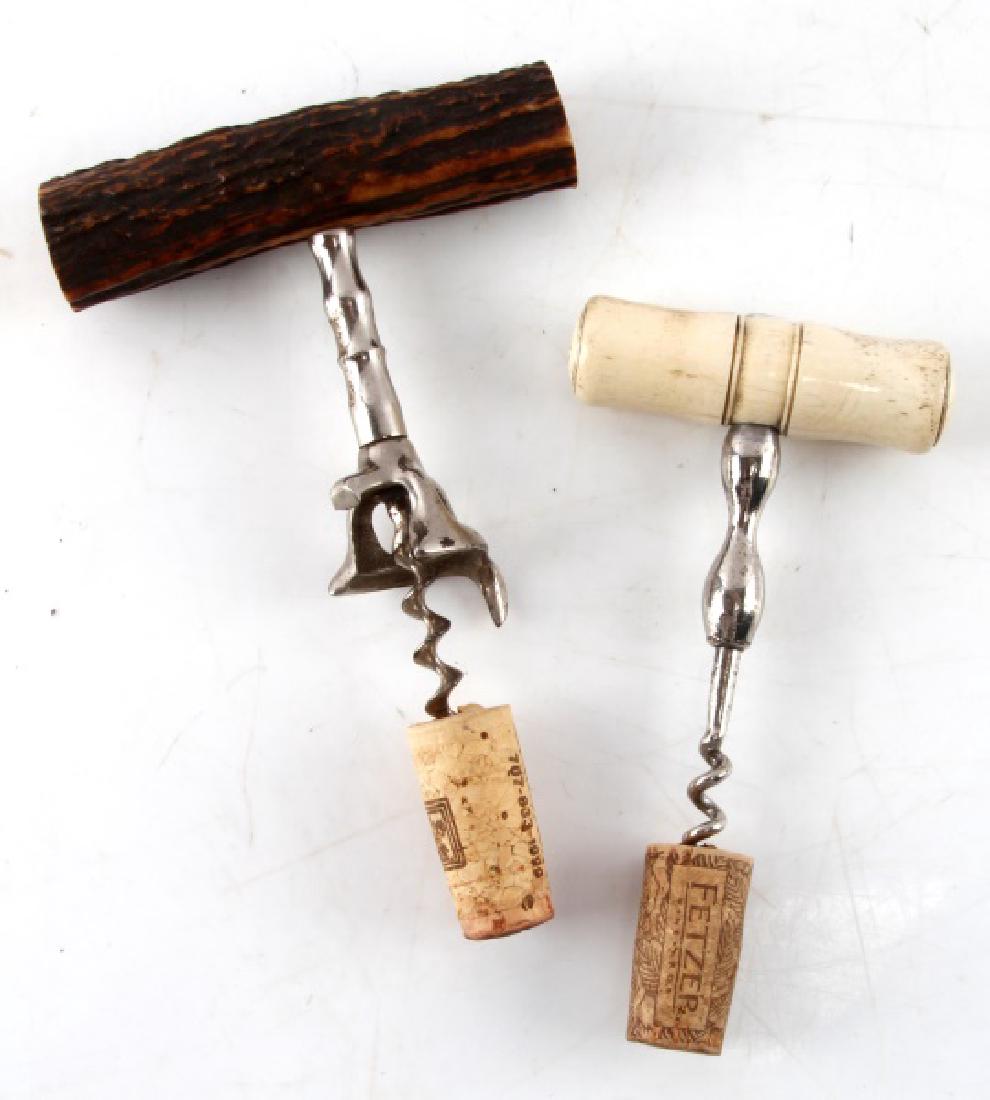 LOT OF 2 ANTIQUE BONE & ANTLER CORKSCREWS: Bone corkscrew handle measures approximately 3", and measures 4 1/4" from bottom of screw to top of handle. Antler corkscrew measures approximately 5 1/2" from bottom of screw to top of handle; handle