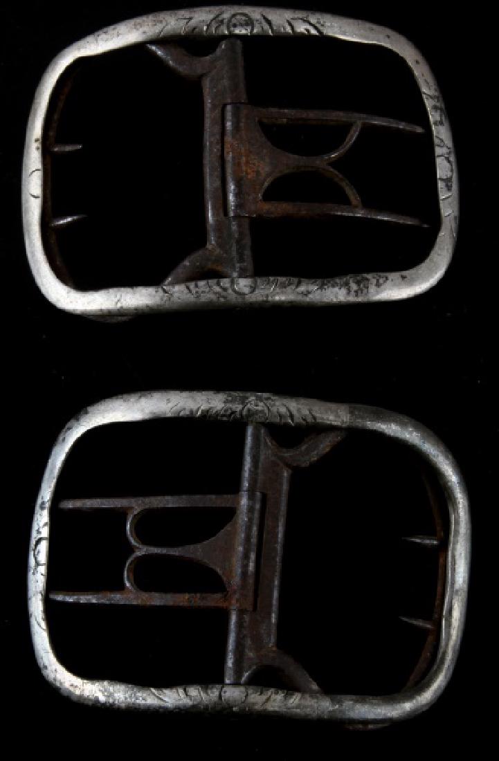 PAIR OF 18TH CENTURY SILVER SHOE BUCKLES: One pair of 18th century silver shoe buckles. Some softening of engraved design. Makers marks present. Weighs approx. 2.0 ozt. Buckles measure approx. 2 7/8" x 2" and come in riker mount display case.