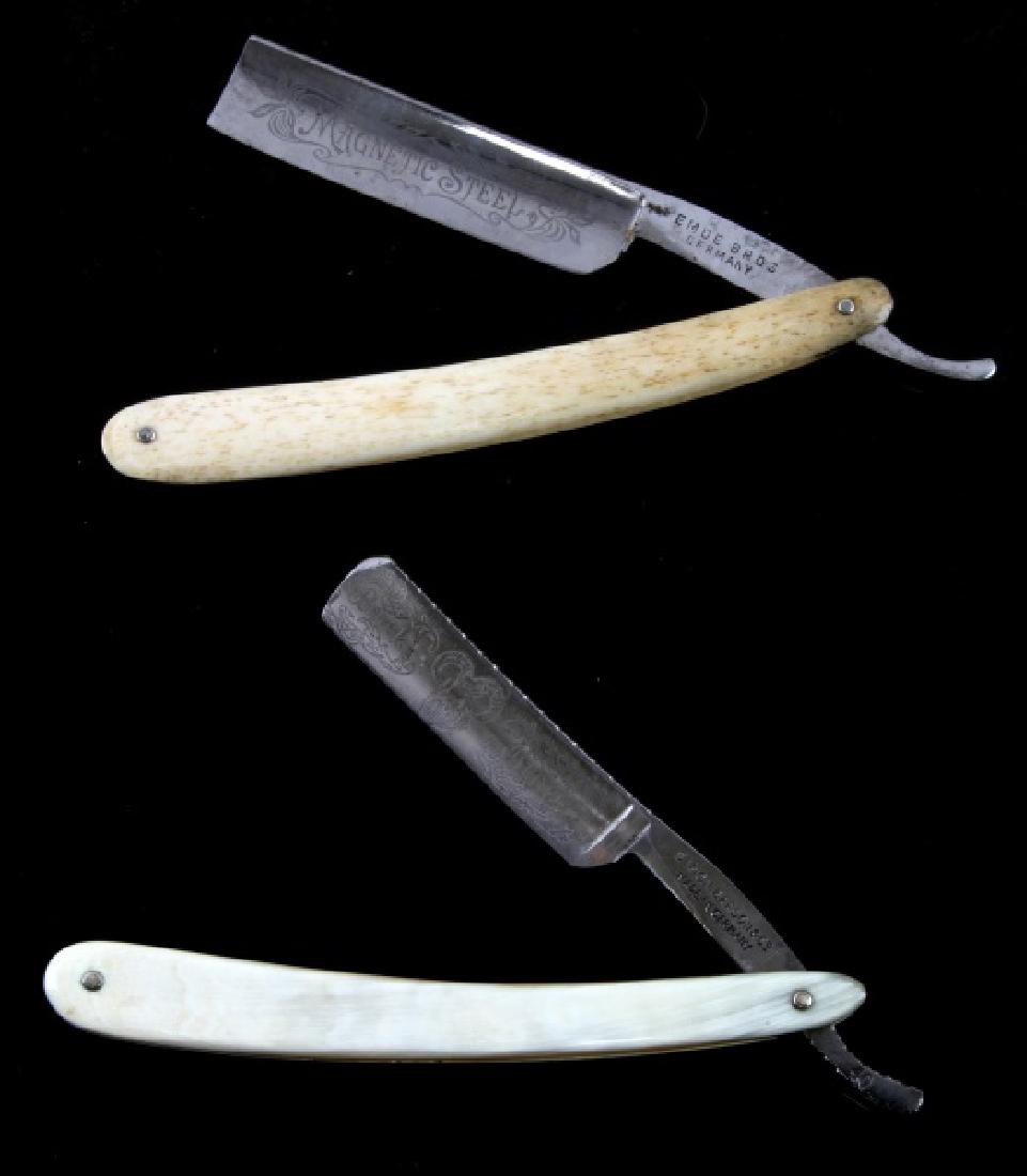 2 ANTIQUE GERMAN STRAIGHT EDGED RAZOR LOT: Lot of two (2) antique German straight edge razors includes Simon Barson & Co. German engraved horn handle straight edged razor ("Buck Brand" and image engraved on one side of blade) and EMDE Bros Ger