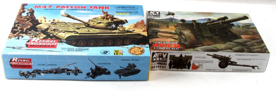 LOT OF 2 US MILITARY WEAPONS AND VEHICLE MODELS: ARV club M101 A1 105mm Howitzer. It is 1/35 scale. Renwal Blueprint M47 Patton tank. It is 1/32 scale. They are both in like new condition. Comes in original box with instructions.