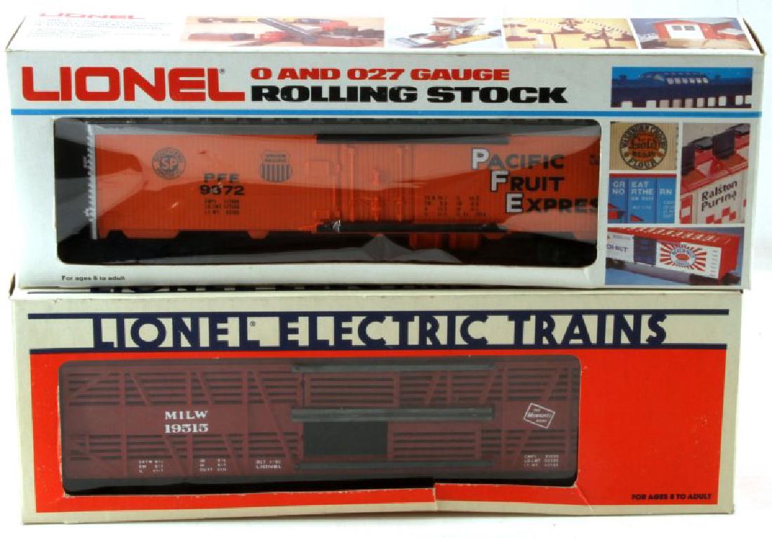 2 LIONEL ELECTRIC TOY TRAIN CARS O & 027 GAUGE NEW: Train cars are both new in original boxes. 1 Pacific Fruit Express car and 1 Milwaukee road car.