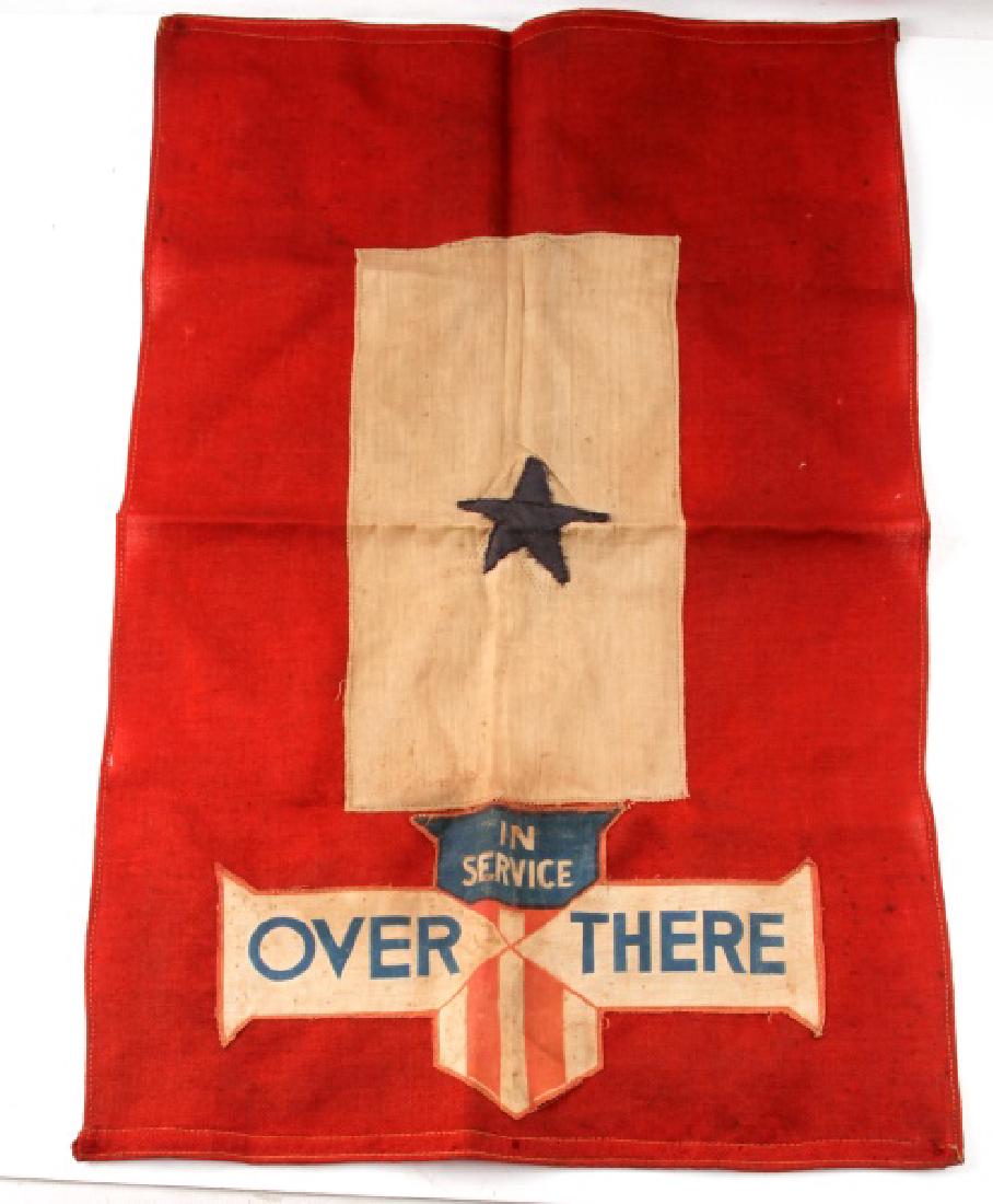WWI US SON IN SERVICE OVER THERE BLUE STAR FLAG: WWI "Son in Service" flag displaying 1 blue star. Also has a patch sewn on the bottom reading "In Service Over There" atop a US shield. In very good condition, though somewhat thinned by age, and the 