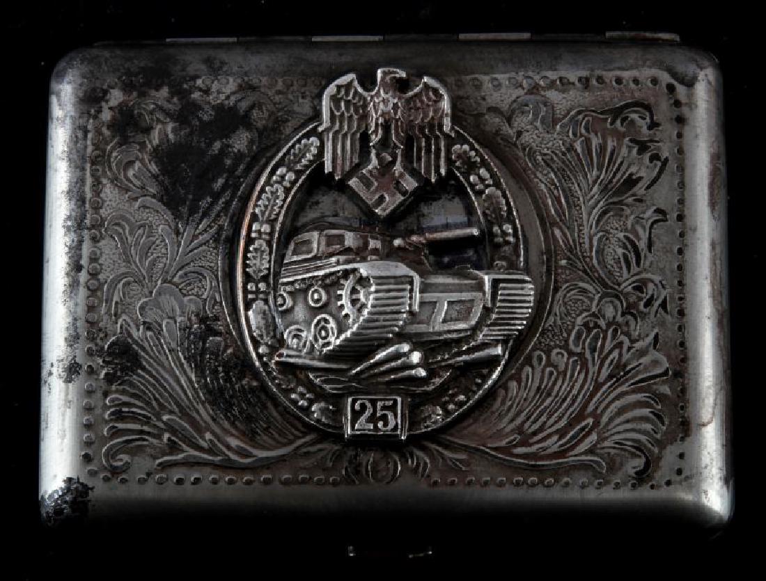 WWII GERMAN WAFFEN SS PANZER VIKING CIGARETTE CASE: WWII German Third Reich period Waffen SS Panzer Division "Viking" cigarette case. Raised image of tank and German eagle is bold and detailed. Solid construction and good clasp. Back is inscribed with 