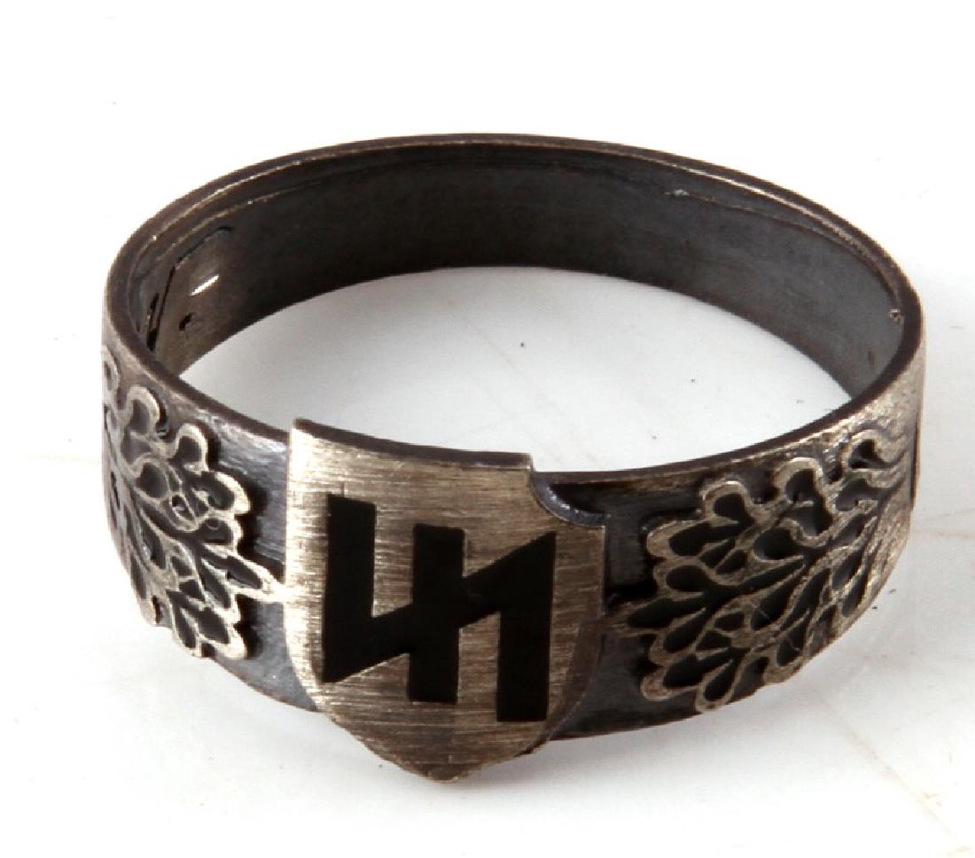 GERMAN 3RD REICH WAFFEN SS PANZER DAS REICH RING: WWII German Third Reich period Waffen SS Panzer Division "Das Reich" silver ring. Has signature of Himmler and "RZM" engraved inside of ring. Has silver/maker's markings. Very good condition. Size 12 
