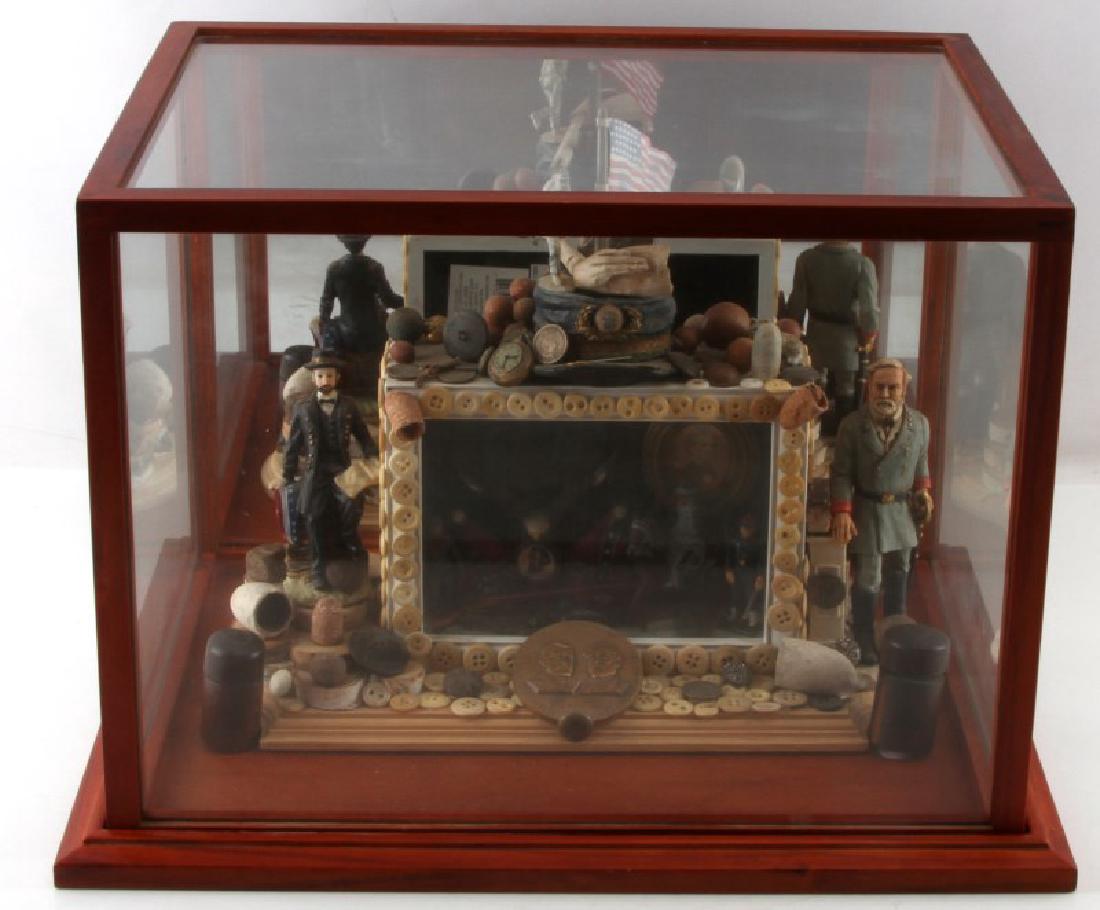 CLEMENTINE DESIGN GRANT & LEE PEACE STATUE: Clementine Design Civil War statue of Ulysses S. Grant and Robert E. Lee comes in wood & glass display case. Wood base adorned with various buttons. "Let Us Have Peace" copper medallion is centerpiece