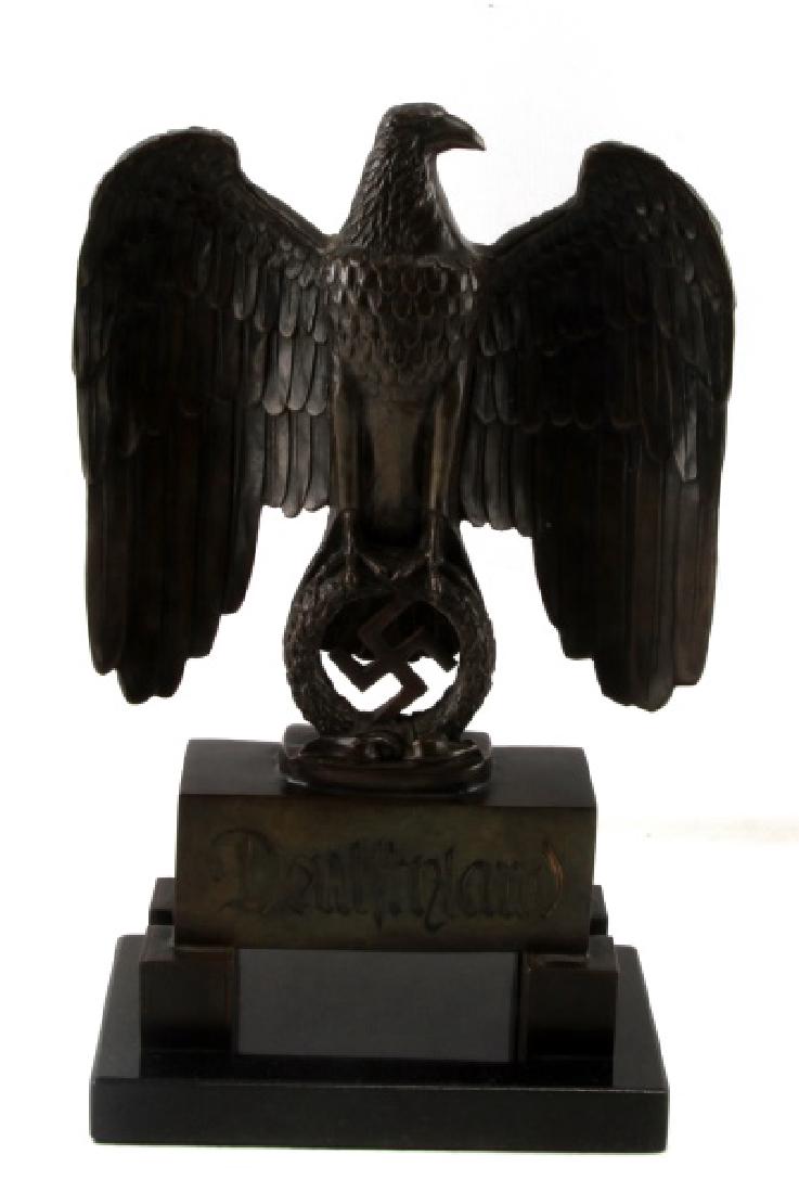 WWII GERMAN BRONZE COPY OF WORLDS FAIR EAGLE: Measures 18 inches tall with 11 inch wing span. In very good condition. Kurt Schmid Ehmen made a eagle that topped the German pavilion at the worlds fair. Copies were later produced as souvenirs to be