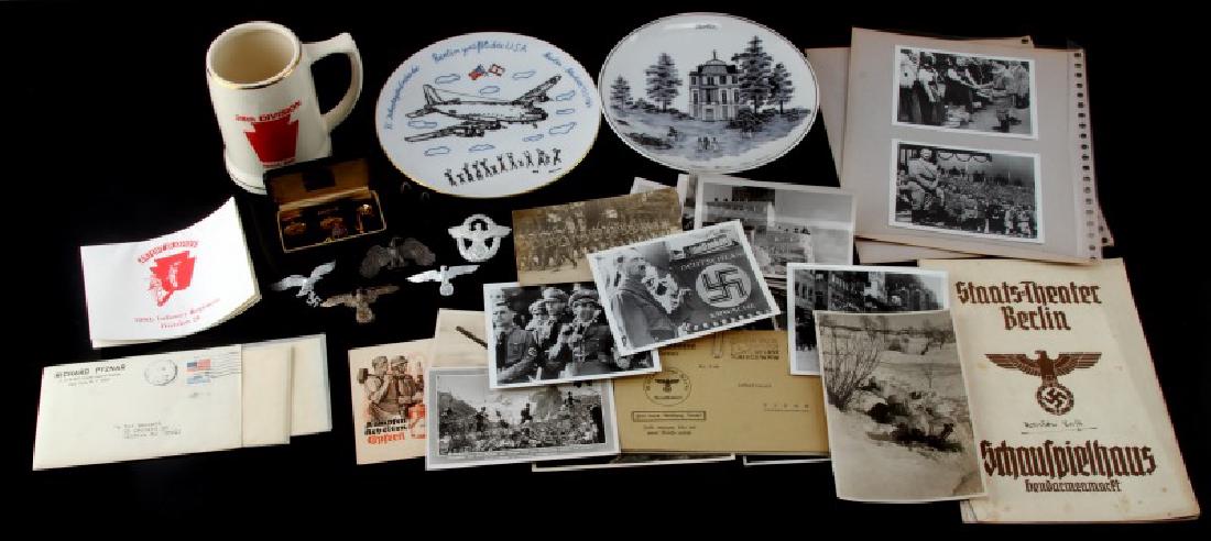 WWII U.S. & GERMAN MILITARY COLLECTIBLE LOT: Includes West Point cufflinks in Meyer box, 2 KPM boxed commemorative plates 1 commemorating the Berlin Airlift, 5 Kriegsmarine photos original to period, sterling U.S cap eagle, 2 lazy dog flechettes