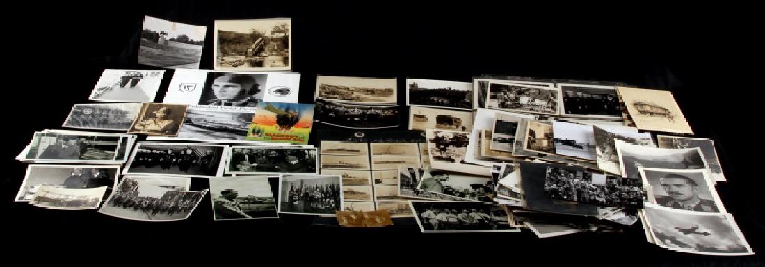 OVER 130 WWI WWII PHOTOGRAPH POSTCARD LOT: Some better originals but there are some maybe 30 that could be post war copies or press photos, balance are original and are varied in subject matter. Includes some cigarette cards, mostly German and