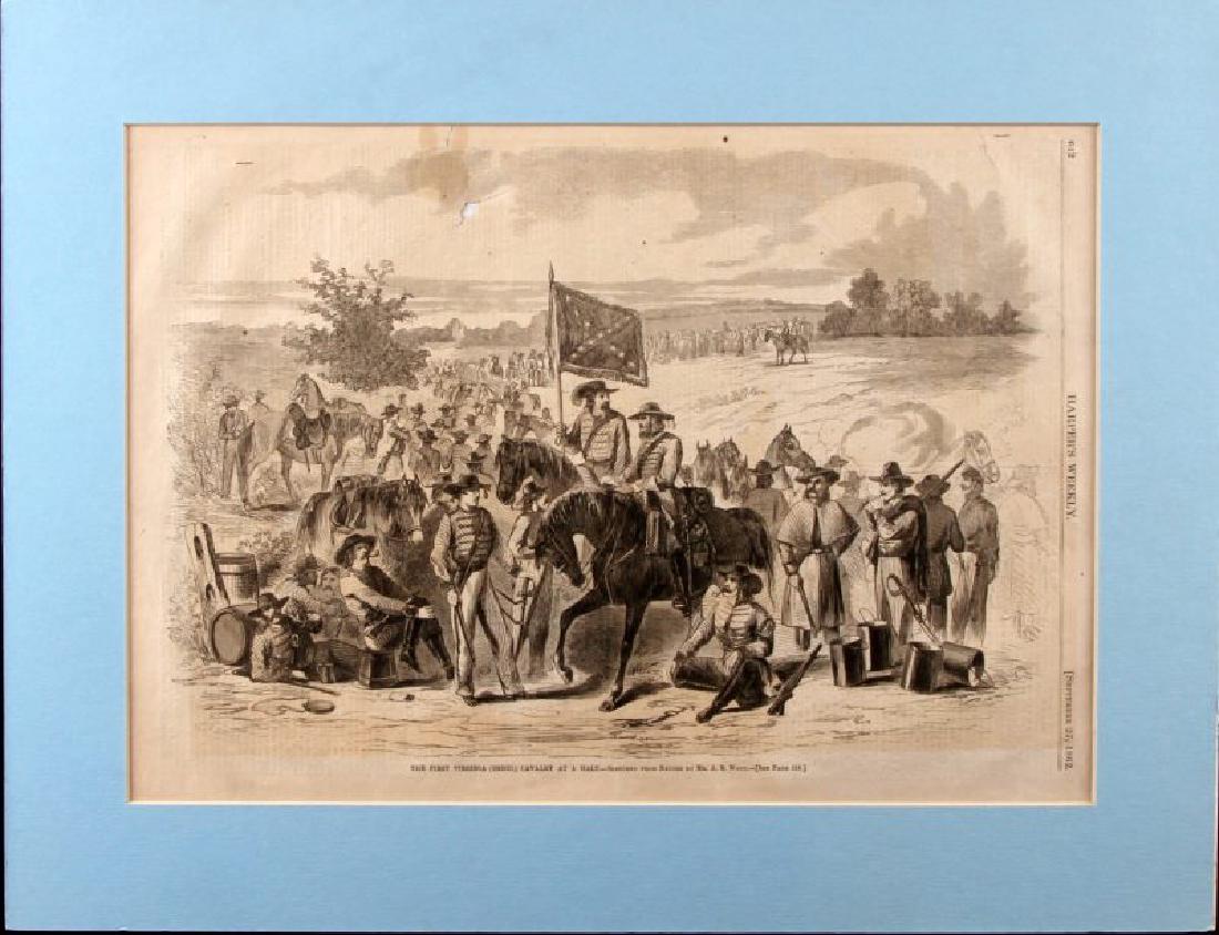 ANTIQUE HARPERS' WEEKLY FIRST VIRGINIA CAVALRY: Antique picture from the Harper's Weekly publication dated September 27, 1862 titled "The First Virginia's (Rebel) Cavalry at a Halt". Original page with some age wear and a couple of small holes. Com