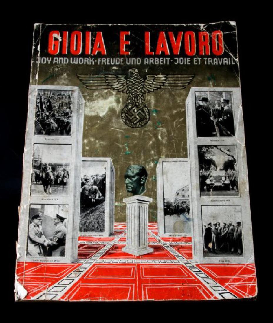 GIOIA E LAVORO FREUDE ARBEIT 1939 NSDAP MAGAZINE: Large WWII era Third Reich magazine the march issue from 1939 titled "Gioia E Lavoro" or Joy and Work with an interesting cover sketch depicting Reichsadler & bust of Fuhrer in a fictitious museum. Ma