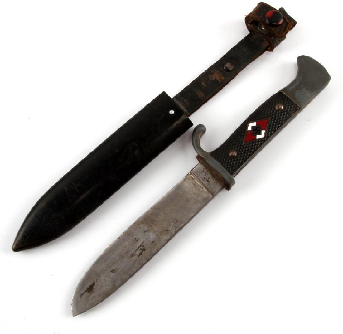 WWII GERMAN THIRD REICH HITLER YOUTH JUGEND DAGGER: Dagger of a Hitler Youth (Hitlerjugend) member. "RZM M7/68" mark on the blade. In good condition overall, some markings on the handle, some discoloration on the blade, much of which is old oil. Blade 
