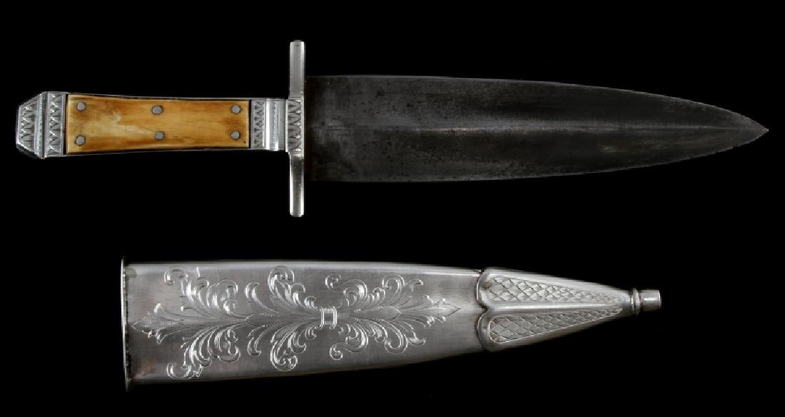 SAMUEL BELL ANTIQUE SILVER BOWIE KNIFE W SCABBARD: By producing knives in San Antonio during the mid-1800's, Samuel Bell quickly gained notoriety for his distinctive and precise craftsmanship. This bowie knife displayed is estimated to have been produ