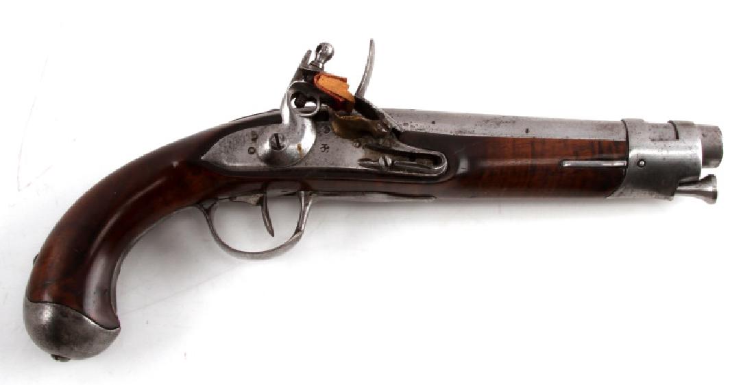 MODEL 1790 FRENCH FLINTLOCK INFANTRY PISTOL 18MM: Napoleonic Era flintlock pistol. Nickel steel 7.5 inch round barrel, proof marks to barrel and lock plate, wood stock has hairline crack from left side down and around. Bore measures 18mm. Very good c