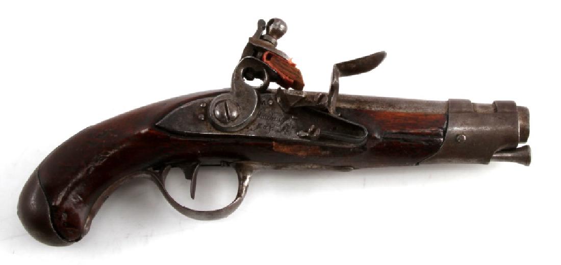 FRENCH GENDARME FLINTLOCK PISTOL 1763 MAUBEUGE: Model 1763 .69 caliber flintlock pistol with steel furniture has speckled patina but smooth to touch, wood stock, 5 inch barrel with proof mark to top, and lock plate marked "Maubeuge". Little loss to