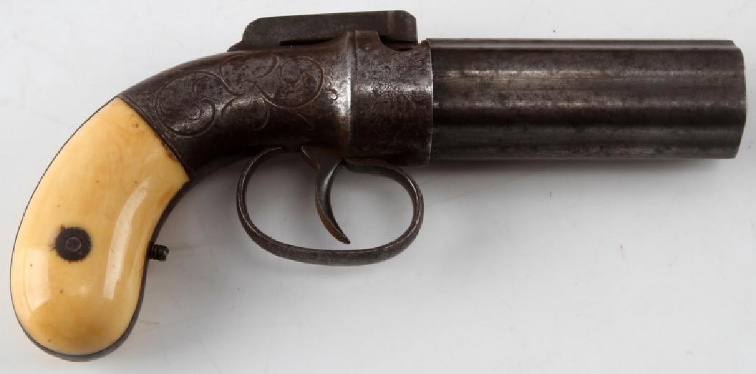 ALLEN & THURBER 6 SHOT PEPPERBOX .32 CAL 1840-50: Smooth darkening patina, engraved scroll design, ivory grips with hairlines to one side, Allen's Patent 1845 to left side hammer. Numbers to cylinder: 4 6 and 3 to next rib. Screw sticking out of inne