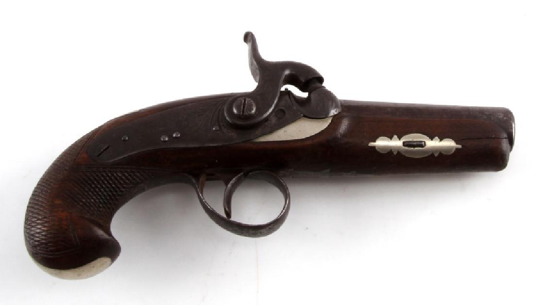 HENRY DERINGER PERCUSSION PISTOL .43 CALIBER: Wood stock with silver inlay pieces, strong markings to breech and lock plate, 2 3/8 inch round to octagonal barrel, "P" with sunburst mark to left barrel flat, fixed front and grooved rear sights, sc
