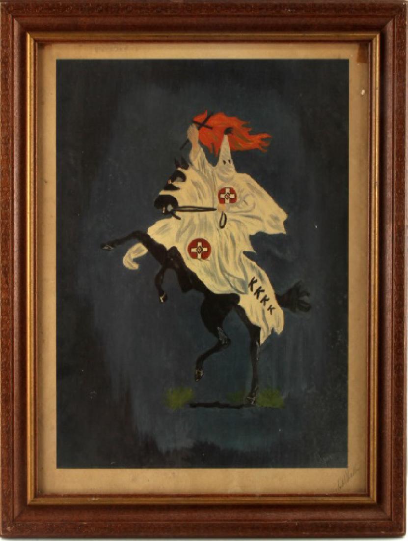 EARLY KNIGHT OF KKK NIGHT RIDER PRINT ARTIST SIGN: Signed lower right by Robert Shelton Grand Wizard of the United Klan of America, he died in 2003. He served a year in prison for refusing to turn over records. In 1994 he stated "The Klan is my belief