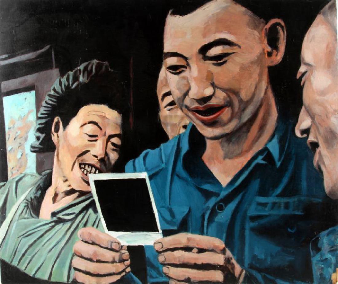 UNSIGNED OIL ON WOOD ATTRIBUTED TO YUE MINJUN: Unsigned painting medium used appears to be oil based acrylic paint on Wood measures 28'' wide by 34.5'' long. Painting is depictive with good use of color vibrancy as well as the presence of some min