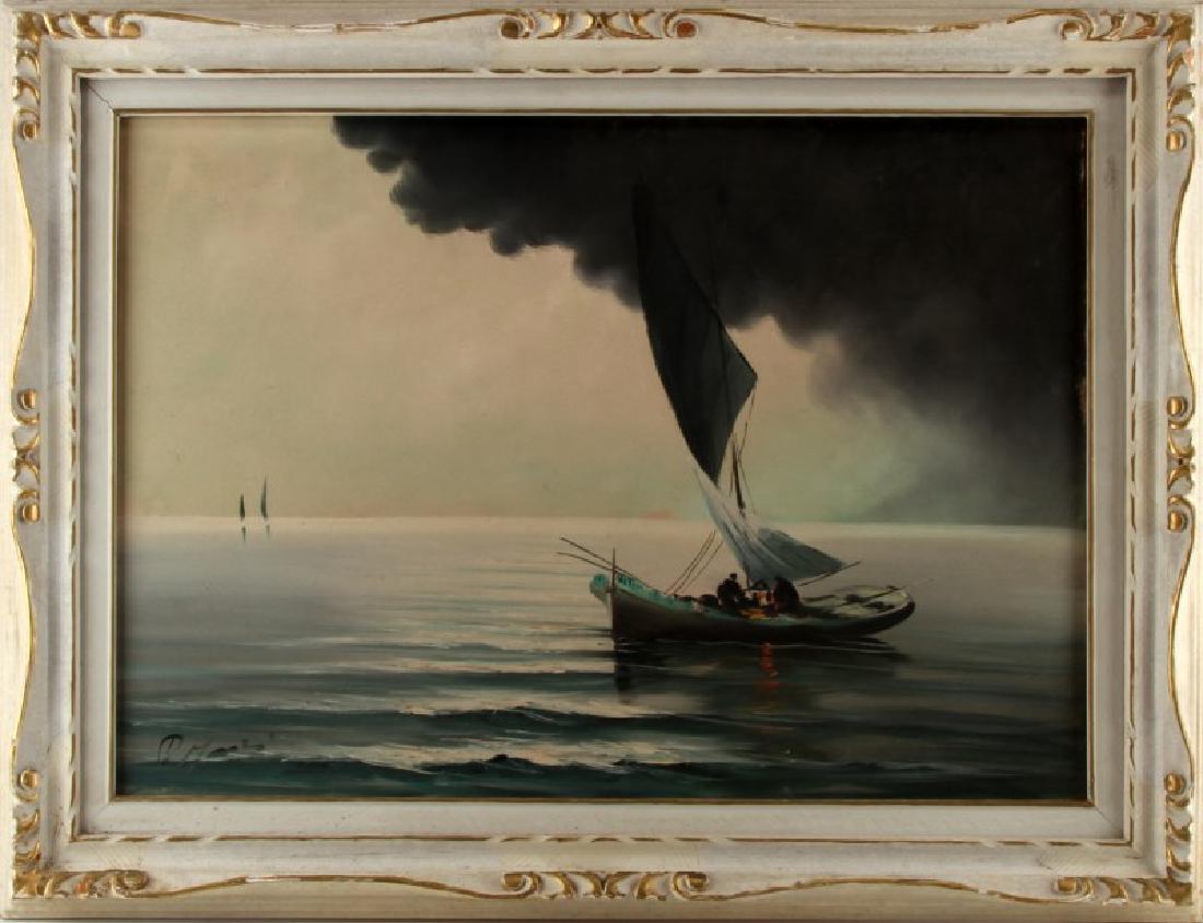 VINTAGE NAUTICAL SEASCAPE OIL ON CANVAS PAINTING: Nautical oil on canvas features a sail boat on the ocean with storm clouds in the distance. It measures19.5x27.5 inches , Framed 26x34inches is in very good condition, signed LR. The frame shows some