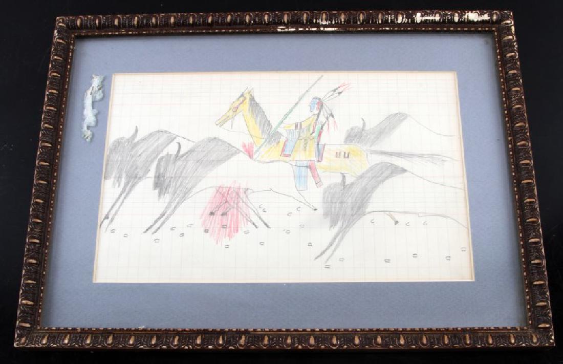 OGLALA LAKOTA SIOUX PLAINS INDIAN LEDGER DRAWING: Pencil and crayon drawing of Oglala Lakota (Oglala Sioux) with spear on a Buffalo hunt. It is in very good condition on yellowed ledger paper. Measurements 8x11 inches framed 11x15 inches.