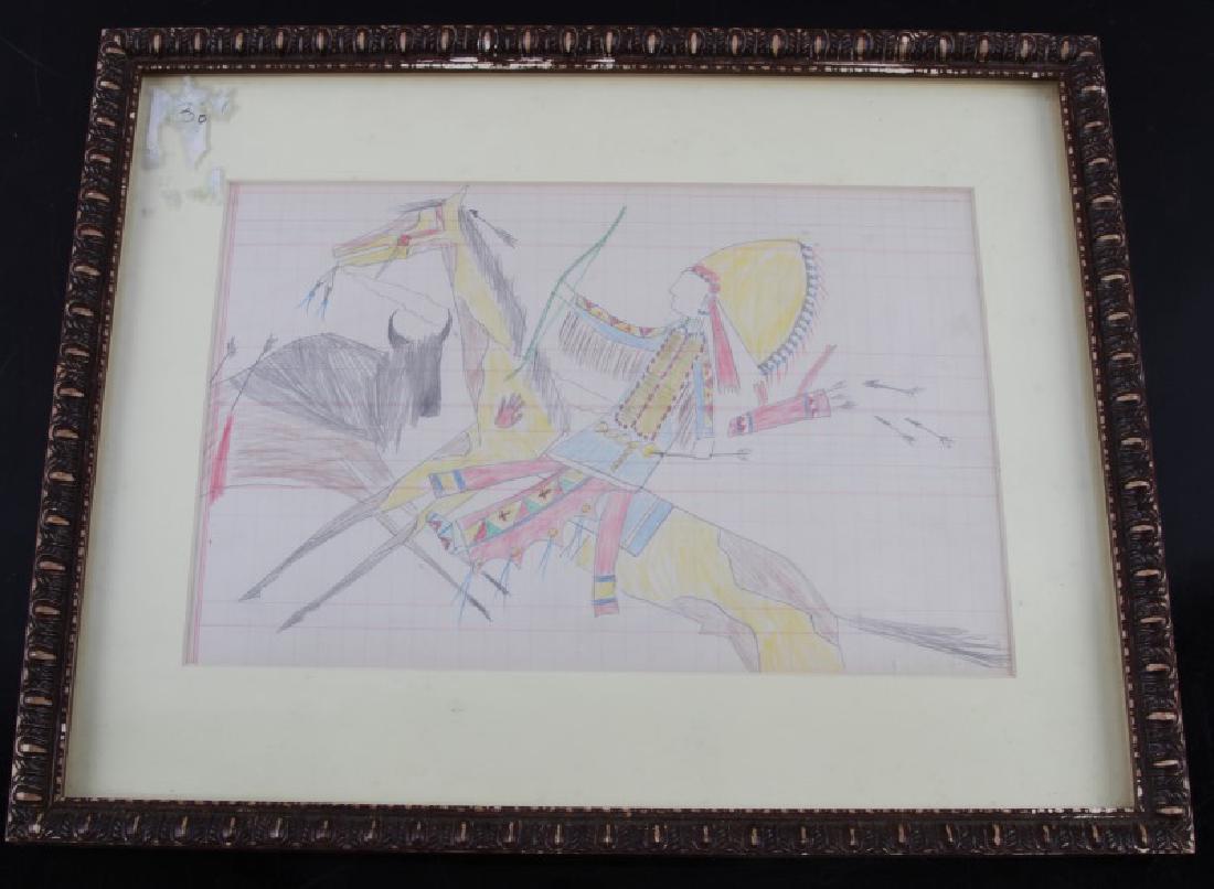 OGLALA LAKOTA SIOUX PLAINS INDIAN LEDGER DRAWING: Pencil and crayon drawing of Oglala Lakota (Oglala Sioux) on horseback hunting buffalo with bow and arrow. It is in very good condition on yellowed ledger paper. Measurements 8x11 inches framed 12x15