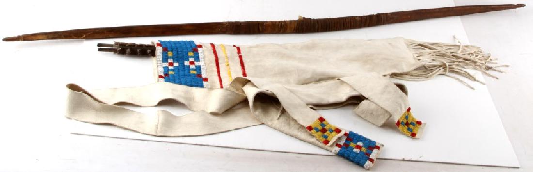 PLAINS INDIAN BOW & ARROWS W BEADED QUIVER: Osage orange short bow, 52 inches long, in very good condition. Osage orange trees are more common today however they were found primarily in a limited area centered on the Red River valley in souther