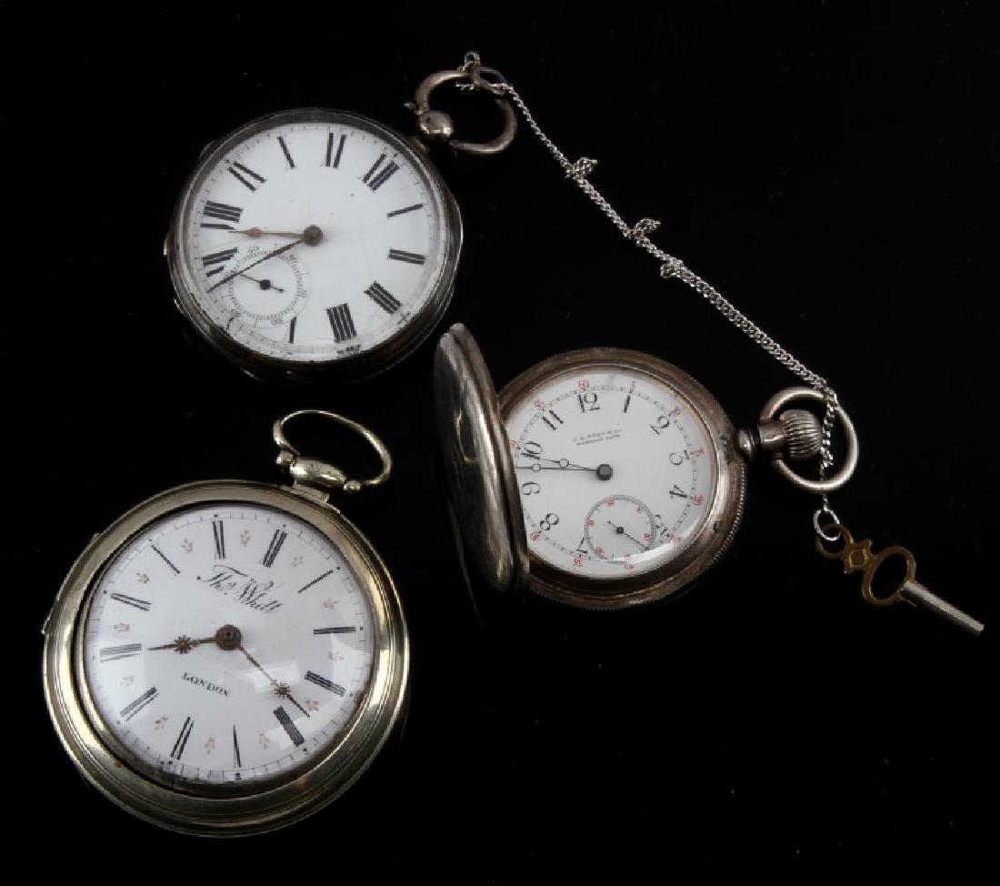 ANTIQUE POCKET WATCHES WHITT & CL BYRD & WALTHAM: All are non running antique pocket watches Waltham Mass. 46mm face w superficial cracks, crystal clear but has scratches and chipped edge, silver case hallmarked with dent on reverse, Waltham movement